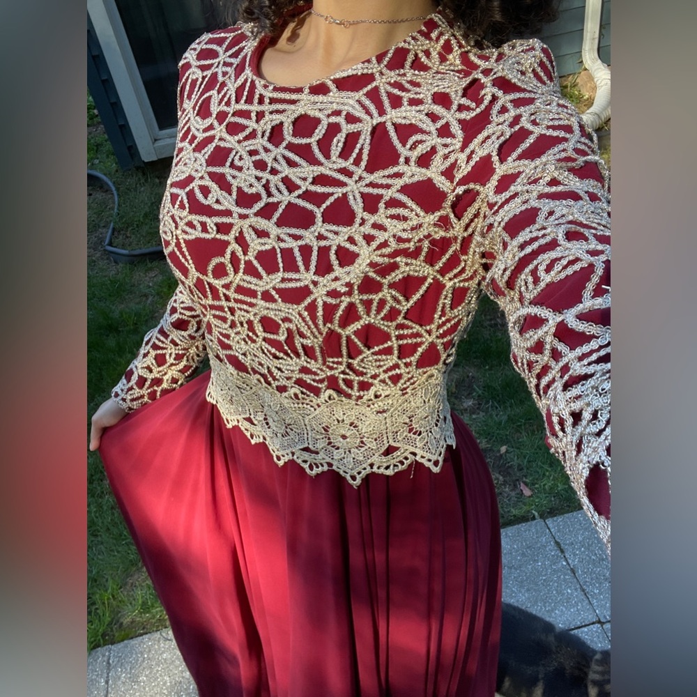 Elegant Red Dress with Gold Lace Overlay